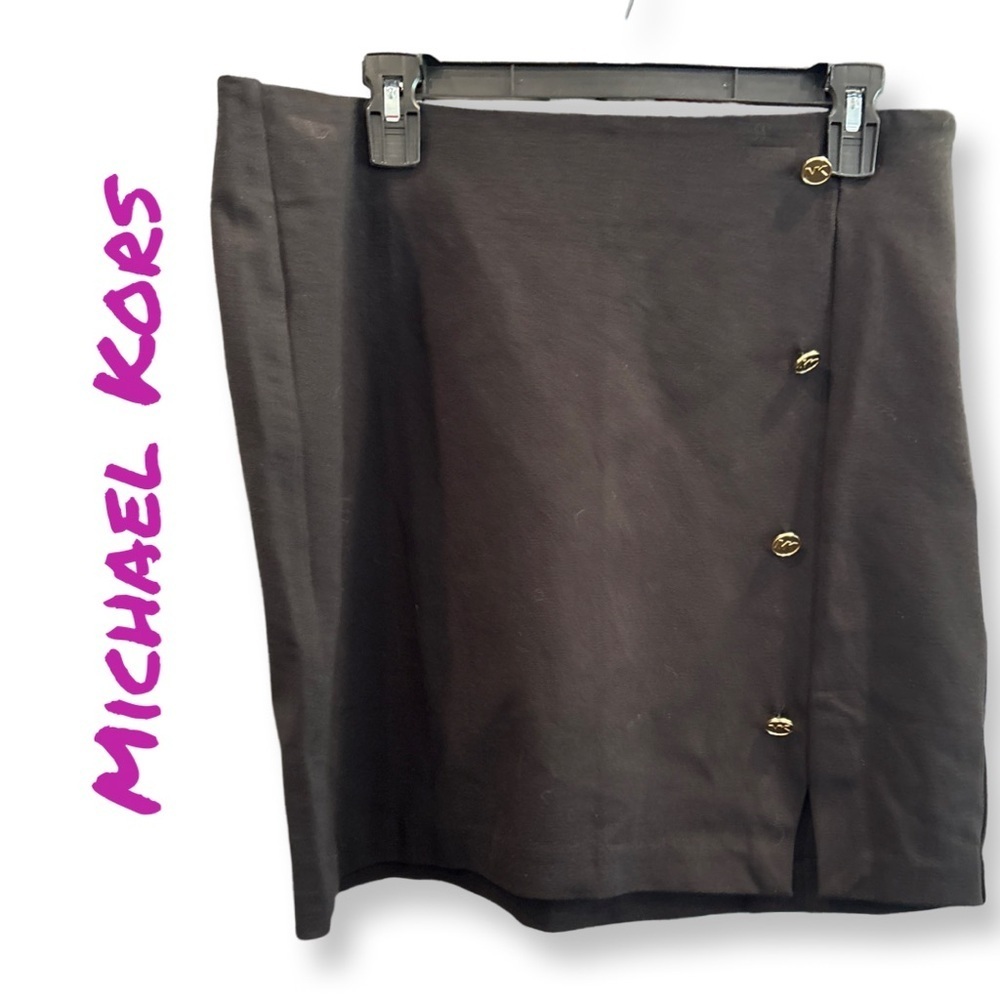 MICHAEL KORS Women's Black Skirt with Front Slit and Gold MK Buttons. - Picture 2 of 7